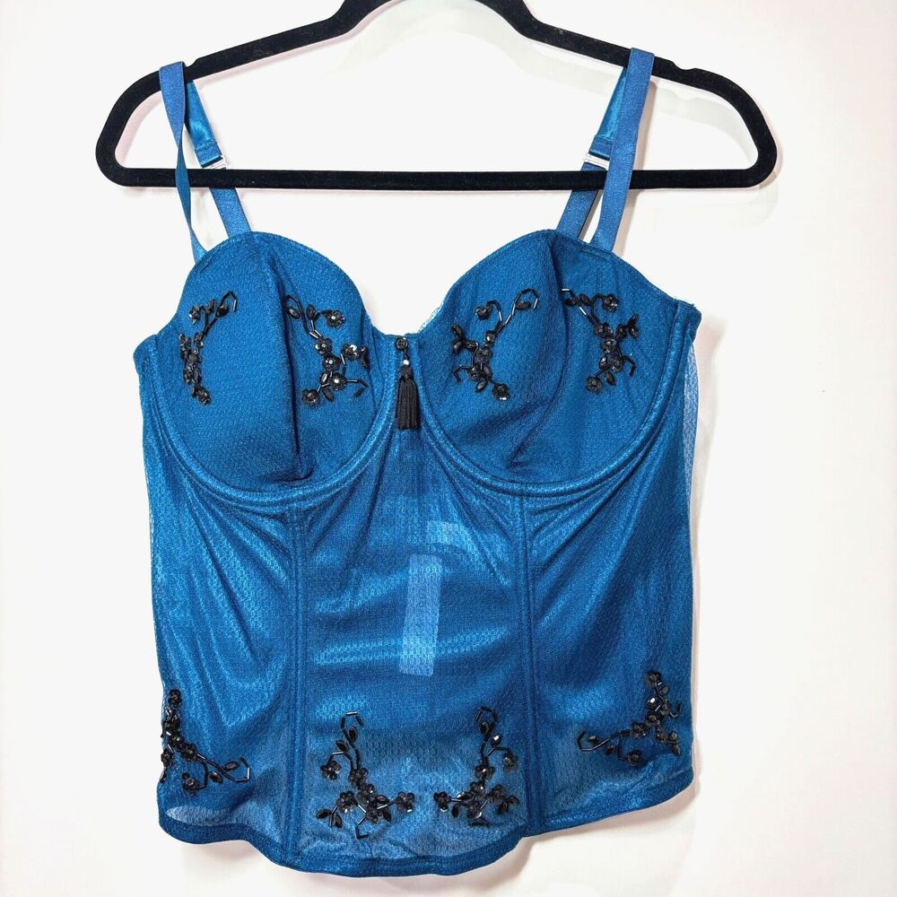 Cacique NWT Corset Blue Sheer Mesh 18/20 Stretch Boned Beaded Sexy Boudoir
